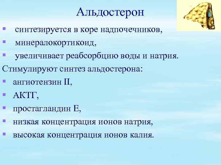 Альдостерон § синтезируется в коре надпочечников, § минералокортикоид, § увеличивает реабсорбцию воды и натрия.