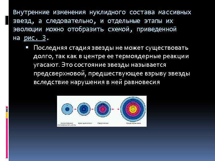 Внутренние изменения нуклидного состава массивных звезд, а следовательно, и отдельные этапы их эволюции можно