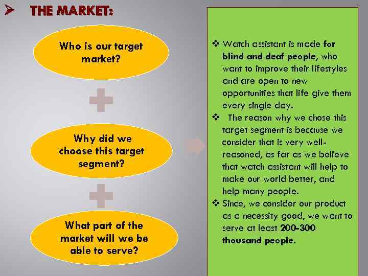 Ø THE MARKET: Who is our target market? Why did we choose this target