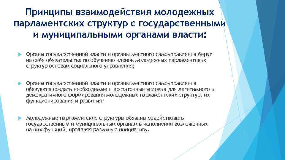 Принципы взаимодействия молодежных парламентских структур с государственными и муниципальными органами власти: Органы государственной власти