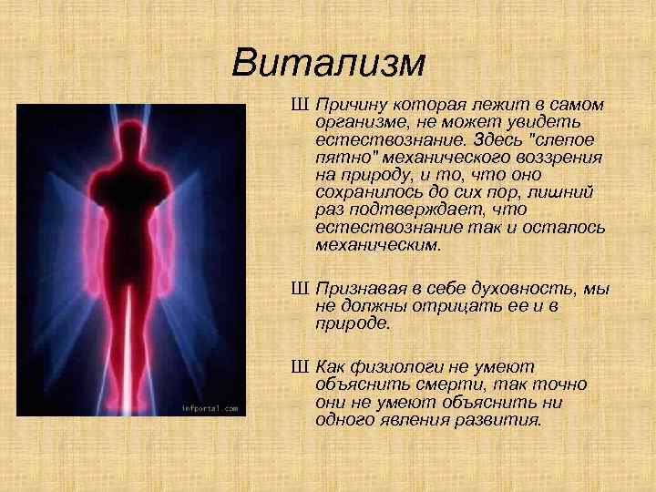 Витализм Ш Причину которая лежит в самом организме, не может увидеть естествознание. Здесь 