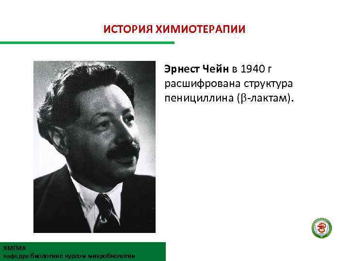 ИСТОРИЯ ХИМИОТЕРАПИИ Эрнест Чейн в 1940 г расшифрована структура пенициллина ( -лактам). ХМГМА кафедра