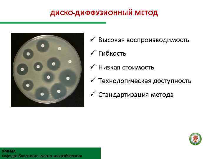 ДИСКО-ДИФФУЗИОННЫЙ МЕТОД þ Достоинства ü Высокая воспроизводимость ü Гибкость ü Низкая стоимость ü Технологическая