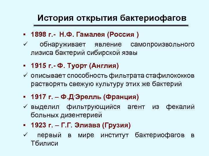 История открытия бактериофагов § 1898 г. - Н. Ф. Гамалея (Россия ) ü обнаруживает