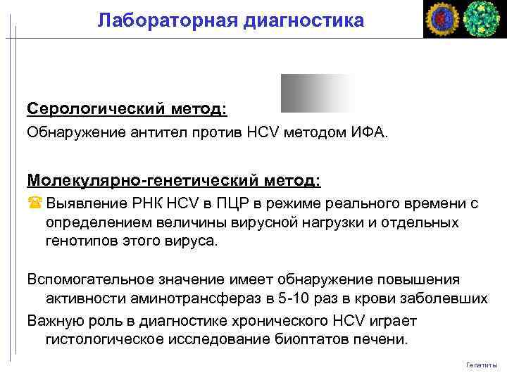 Лабораторная диагностика Серологический метод: Обнаружение антител против НСV методом ИФА. Молекулярно-генетический метод: Выявление РНК