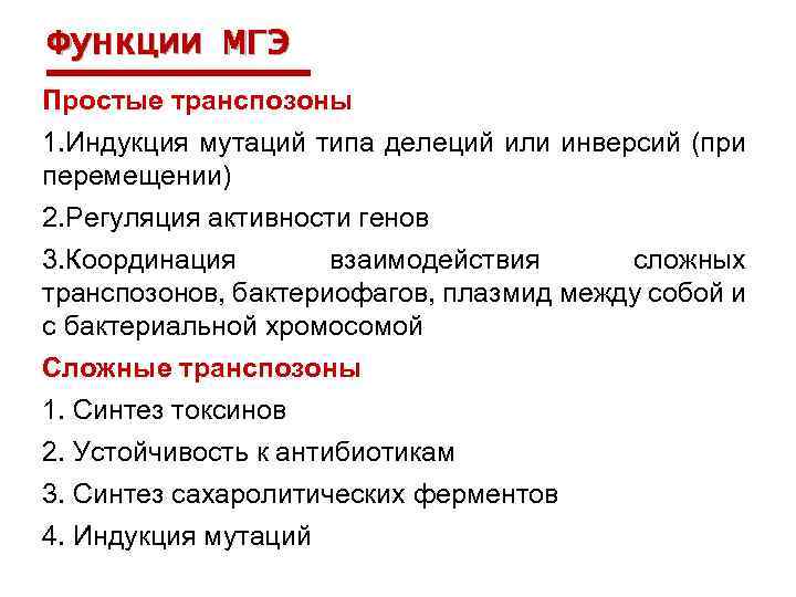 Функции МГЭ Простые транспозоны 1. Индукция мутаций типа делеций или инверсий (при перемещении) 2.