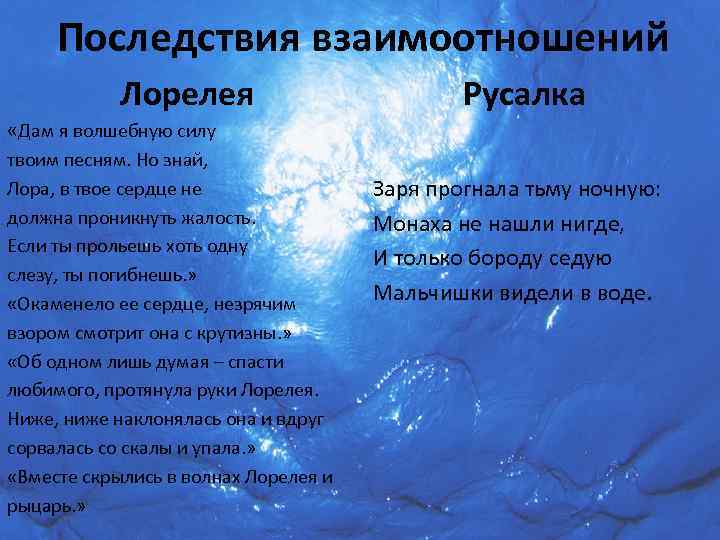 Последствия взаимоотношений Лорелея Русалка «Дам я волшебную силу твоим песням. Но знай, Лора, в