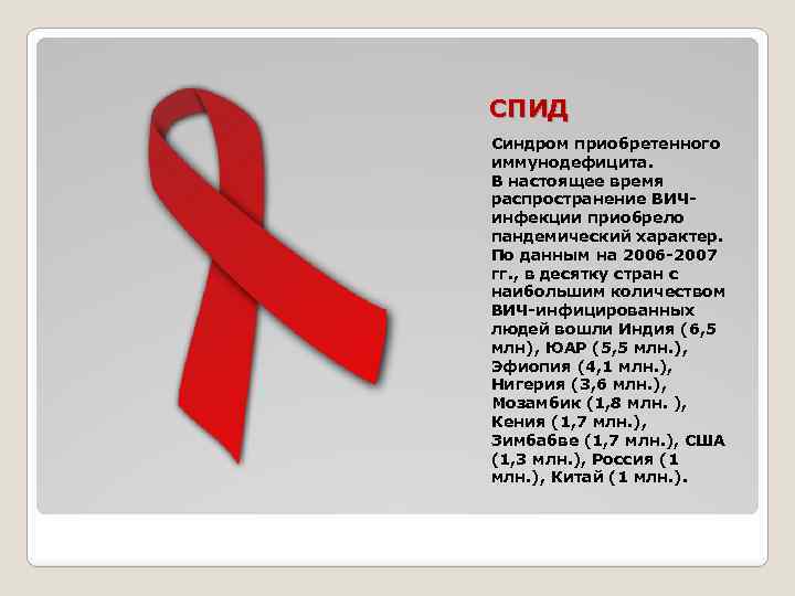 СПИД Синдром приобретенного иммунодефицита. В настоящее время распространение ВИЧинфекции приобрело пандемический характер. По данным