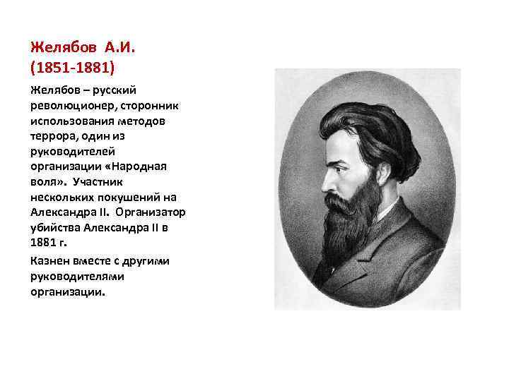 Желябов А. И. (1851 -1881) Желябов – русский революционер, сторонник использования методов террора, один