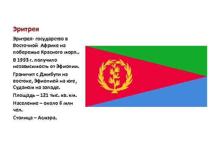 Эритрея- государство в Восточной Африке на побережье Красного моря. . В 1993 г. получило