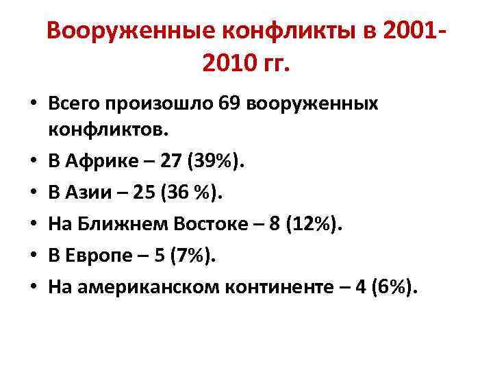 Вооруженные конфликты в 20012010 гг. • Всего произошло 69 вооруженных конфликтов. • В Африке