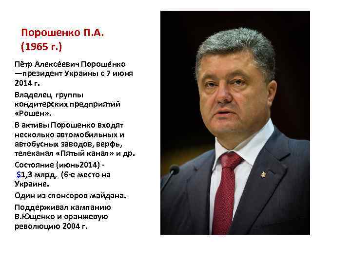 Порошенко П. А. (1965 г. ) Пётр Алексе евич Пороше нко —президент Украины с