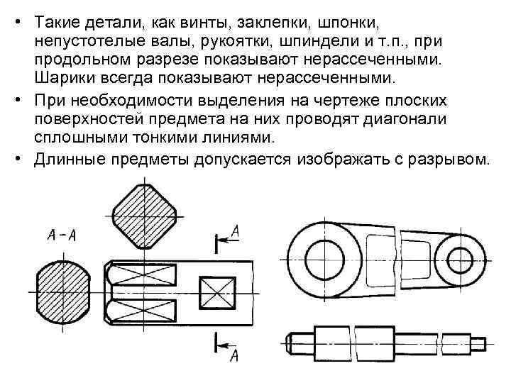 Поверхность на чертеже. Обозначение плоской поверхности на чертеже. Изобажение сплошных валов, винтов, заклёпок. Нерассеченные детали на чертеже. Выделение поверхности на чертеже.