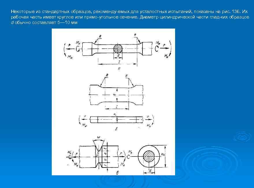 Некоторые из стандартных образцов, рекоменду емых для усталостных испытаний, показаны на рис. 136. Их