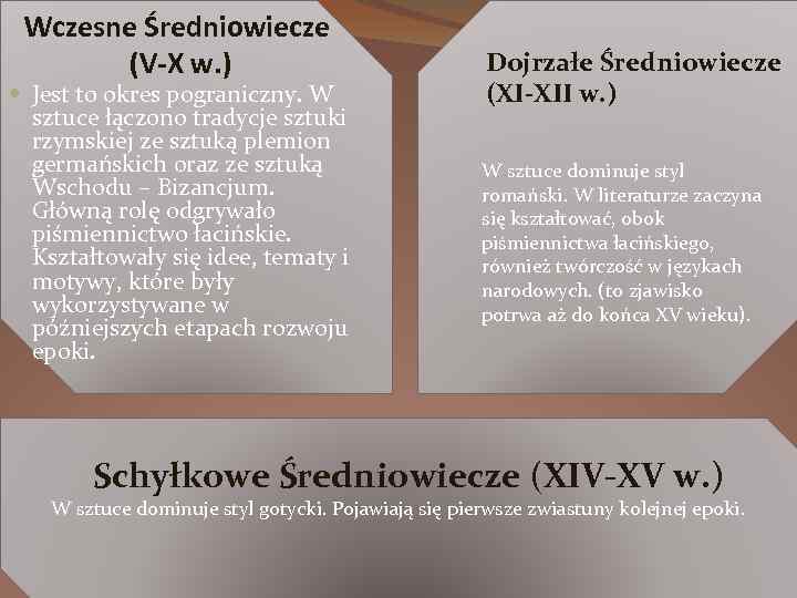 Wczesne Średniowiecze (V-X w. ) Jest to okres pograniczny. W sztuce łączono tradycje sztuki