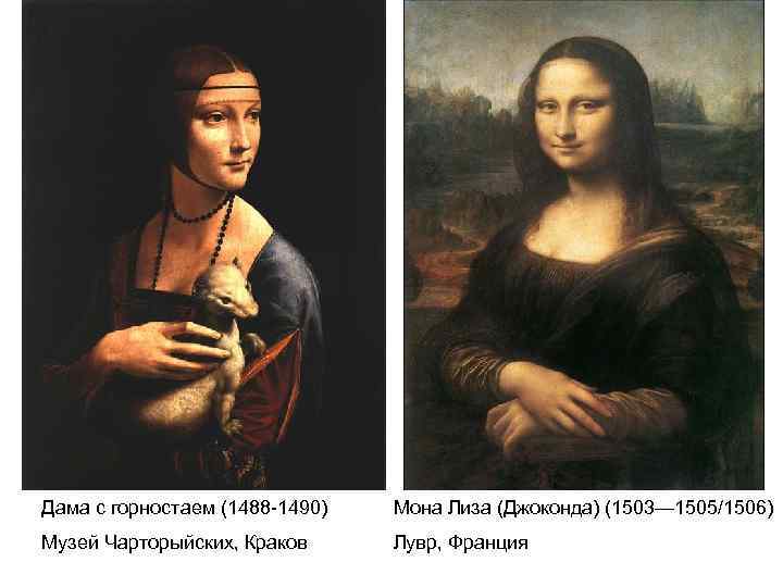 Дама с горностаем (1488 -1490) Мона Лиза (Джоконда) (1503— 1505/1506) Музей Чарторыйских, Краков Лувр,