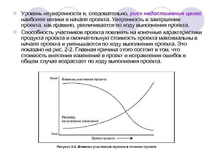 l Уровень неуверенности и, следовательно, риск недостижения целей наиболее велики в начале проекта. Уверенность