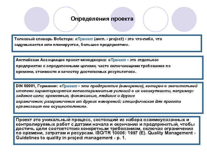 Определения проекта Толковый словарь Вебстера: «Проект (англ. - project) - это что-либо, что Проект