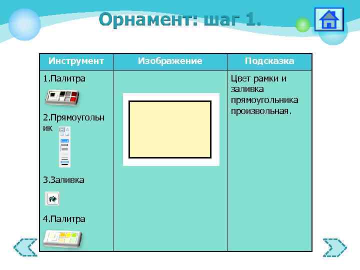 Инструмент 1. Палитра 2. Прямоугольн ик 3. Заливка 4. Палитра Изображение Подсказка Цвет рамки