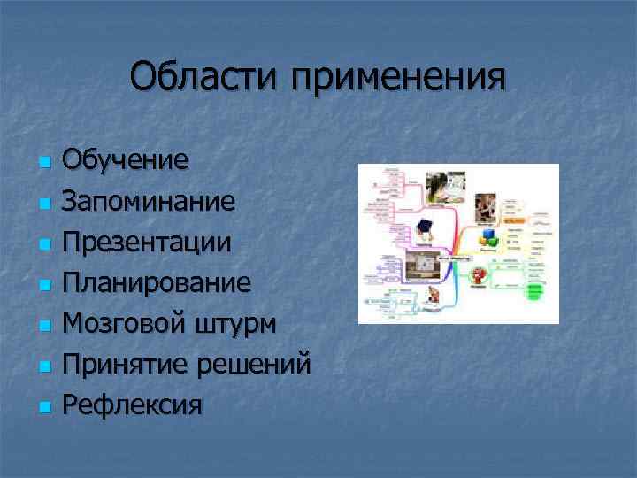 Области применения n n n n Обучение Запоминание Презентации Планирование Мозговой штурм Принятие решений