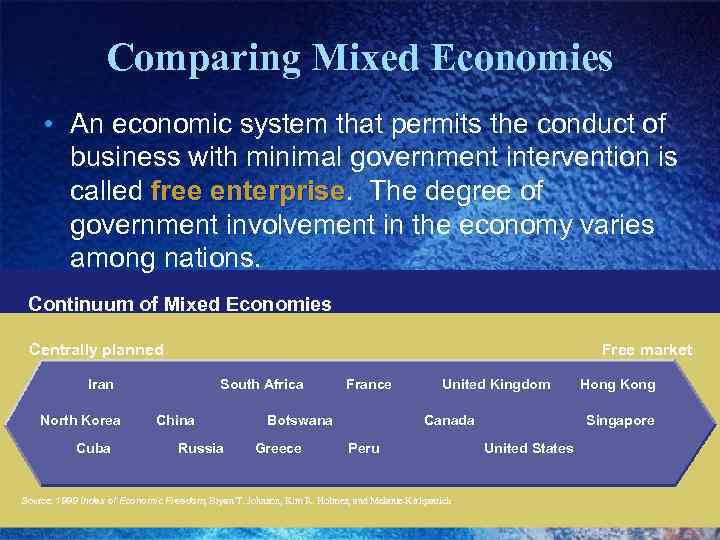 Comparing Mixed Economies • An economic system that permits the conduct of business with