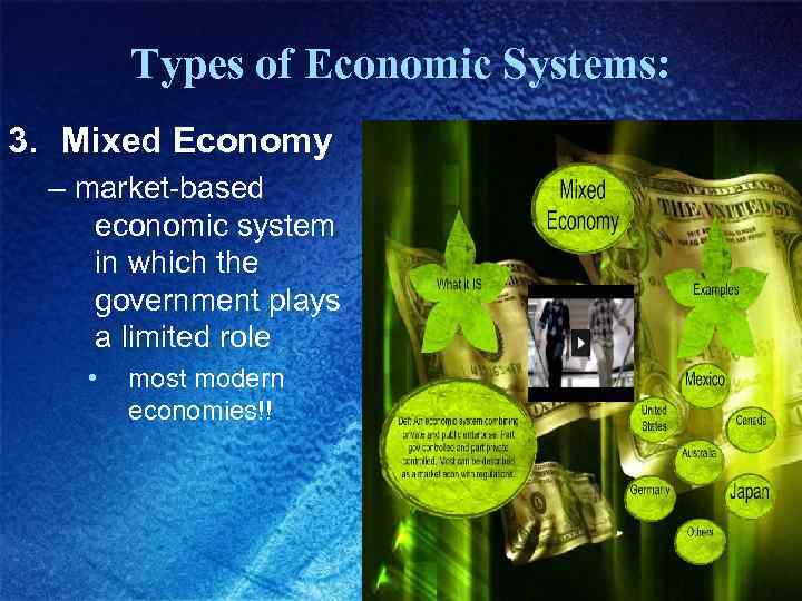 Types of Economic Systems: 3. Mixed Economy – market-based economic system in which the