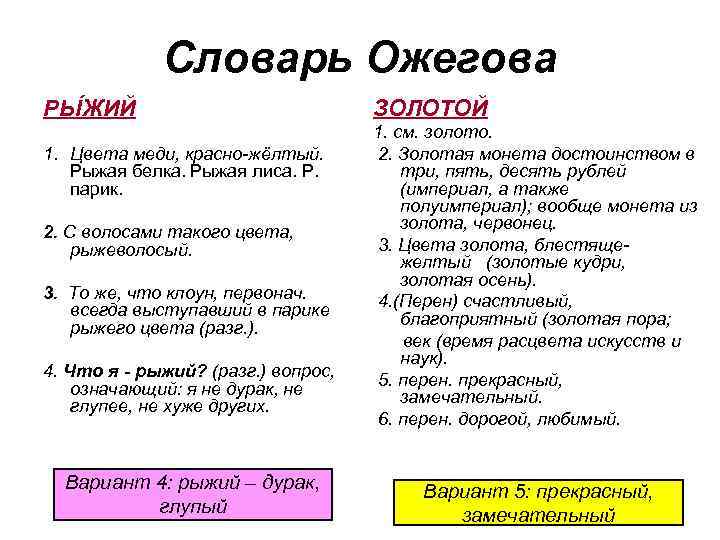 Словарь Ожегова РЫ ЖИЙ 1. Цвета меди, красно-жёлтый. Рыжая белка. Рыжая лиса. Р. парик.