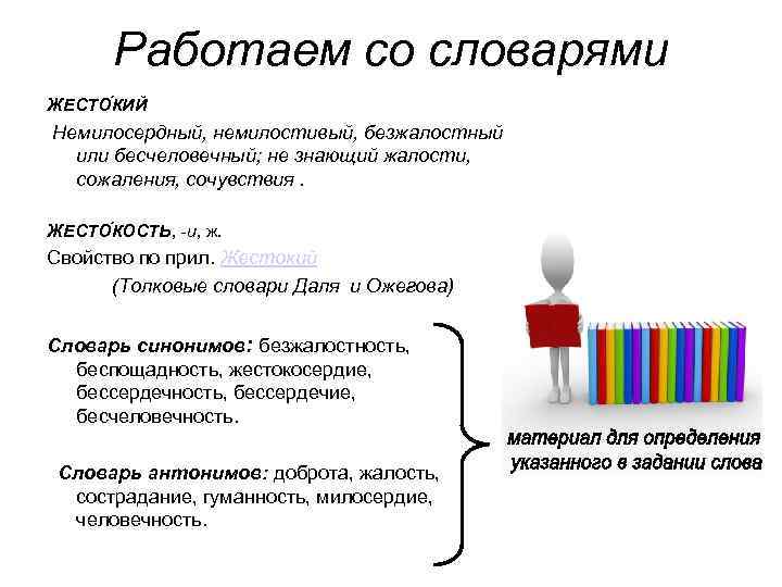 Работаем со словарями ЖЕСТО КИЙ Немилосердный, немилостивый, безжалостный или бесчеловечный; не знающий жалости, сожаления,