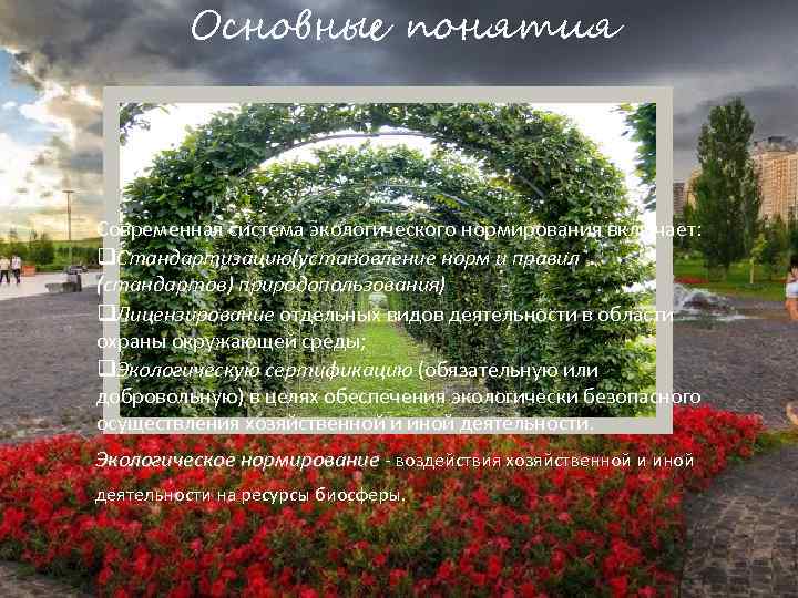 Основные понятия Современная система экологического нормирования включает: q. Стандартизацию(установление норм и правил (стандартов) природопользования)