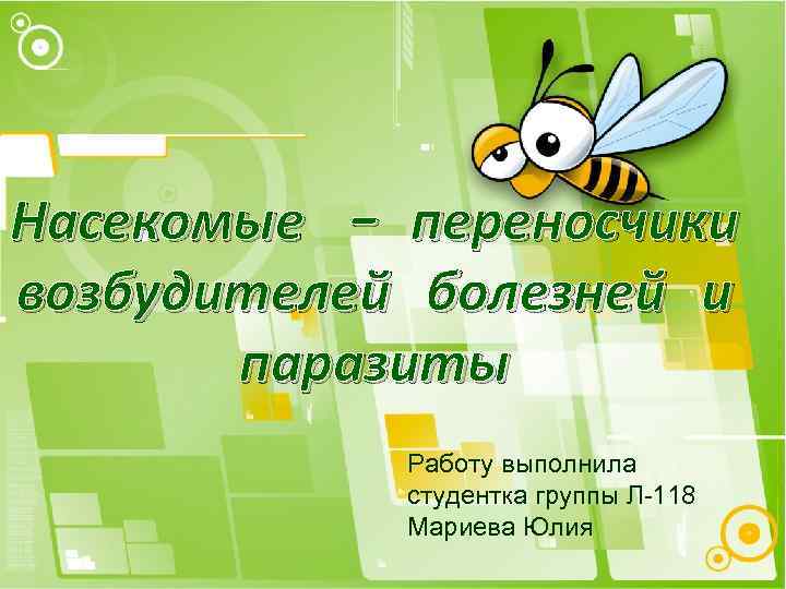 Насекомые - переносчики возбудителей болезней и паразиты Работу выполнила студентка группы Л-118 Мариева Юлия