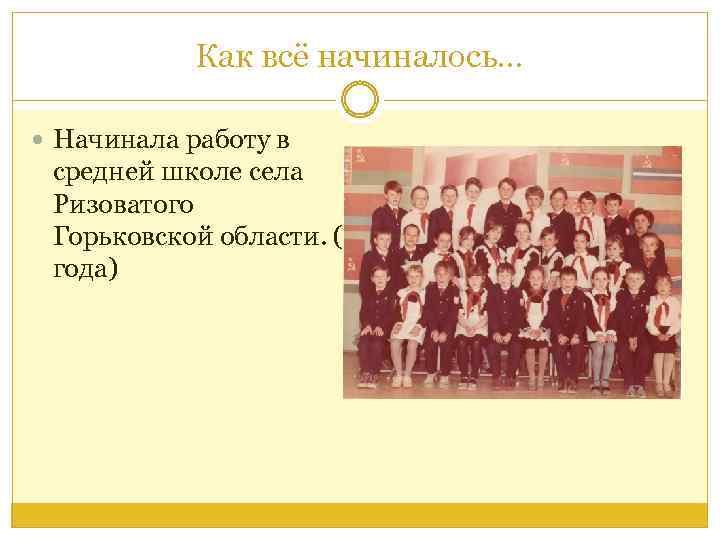 Как всё начиналось… Начинала работу в средней школе села Ризоватого Горьковской области. (4 года)