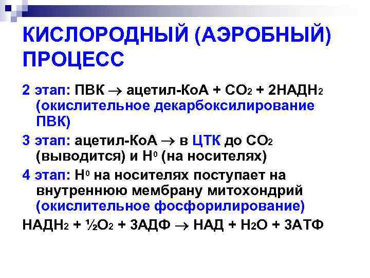 КИСЛОРОДНЫЙ (АЭРОБНЫЙ) ПРОЦЕСС 2 этап: ПВК ацетил-Ко. А + СО 2 + 2 НАДН