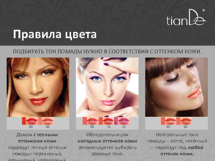 Правила цвета ПОДБИРАТЬ ТОН ПОМАДЫ НУЖНО В СООТВЕТСТВИИ С ОТТЕНКОМ КОЖИ. 02 03 Дамам