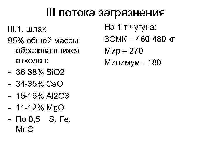 III потока загрязнения III. 1. шлак 95% общей массы образовавшихся отходов: - 36 -38%