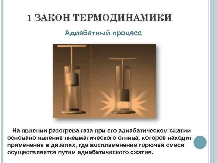 1 ЗАКОН ТЕРМОДИНАМИКИ Адиабатный процесс На явлении разогрева газа при его адиабатическом сжатии основано