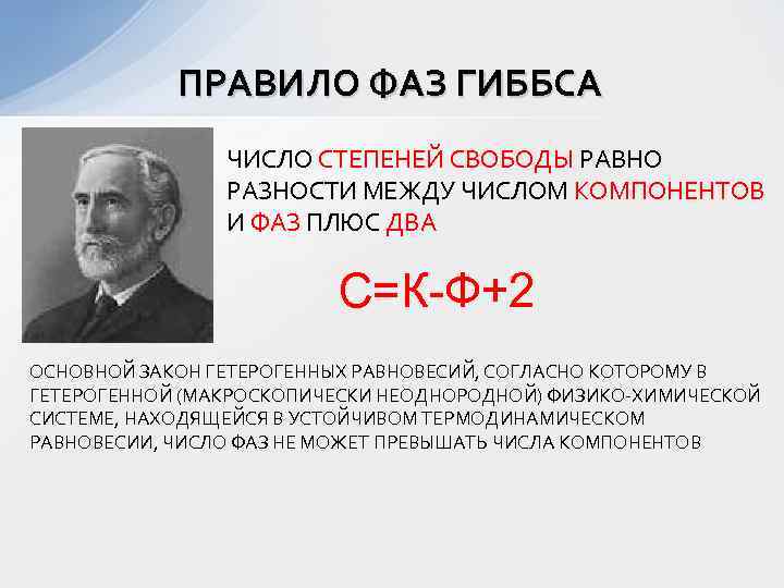 ПРАВИЛО ФАЗ ГИББСА ЧИСЛО СТЕПЕНЕЙ СВОБОДЫ РАВНО РАЗНОСТИ МЕЖДУ ЧИСЛОМ КОМПОНЕНТОВ И ФАЗ ПЛЮС