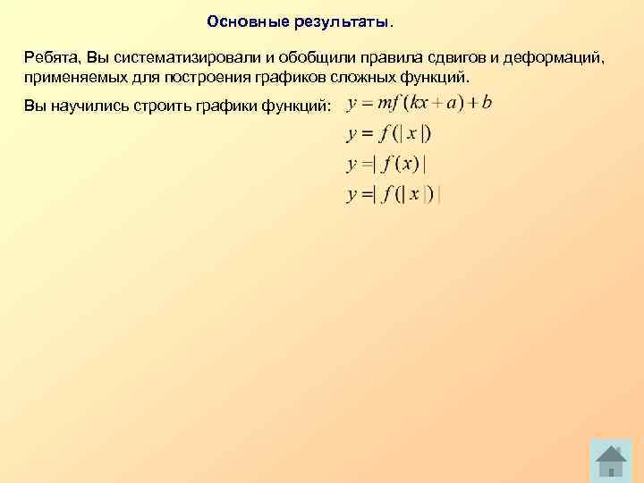 Основные результаты. Ребята, Вы систематизировали и обобщили правила сдвигов и деформаций, применяемых для построения