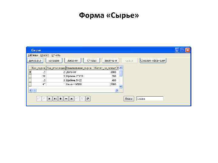 Форма «Сырье» 