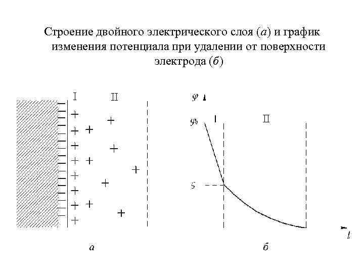 Строение двойного электрического слоя (а) и график изменения потенциала при удалении от поверхности электрода