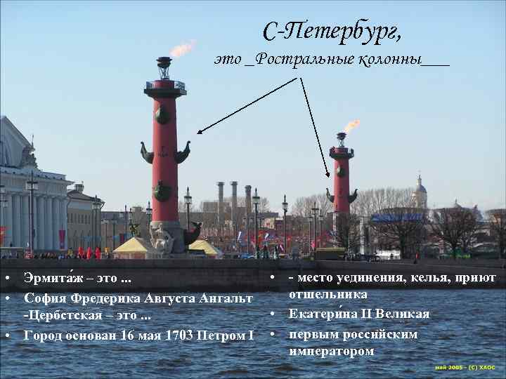 С-Петербург, это _Ростральные колонны___ • - место уединения, келья, приют • Эрмита ж –