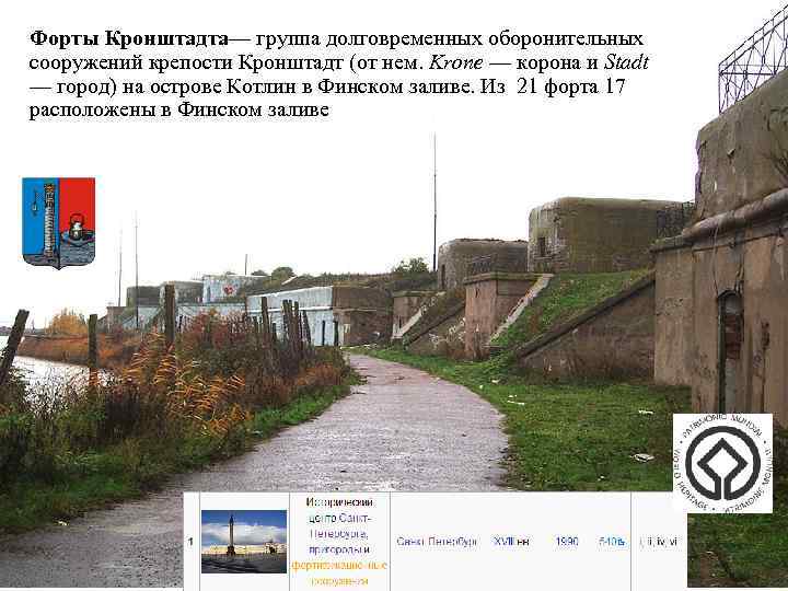 Форты Кронштадта— группа долговременных оборонительных сооружений крепости Кронштадт (от нем. Krone — корона и