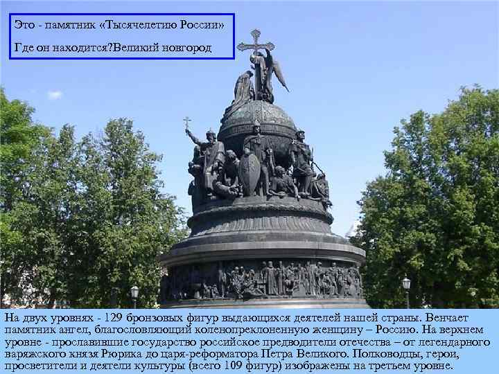 Это - памятник «Тысячелетию России» Где он находится? Великий новгород На двух уровнях -