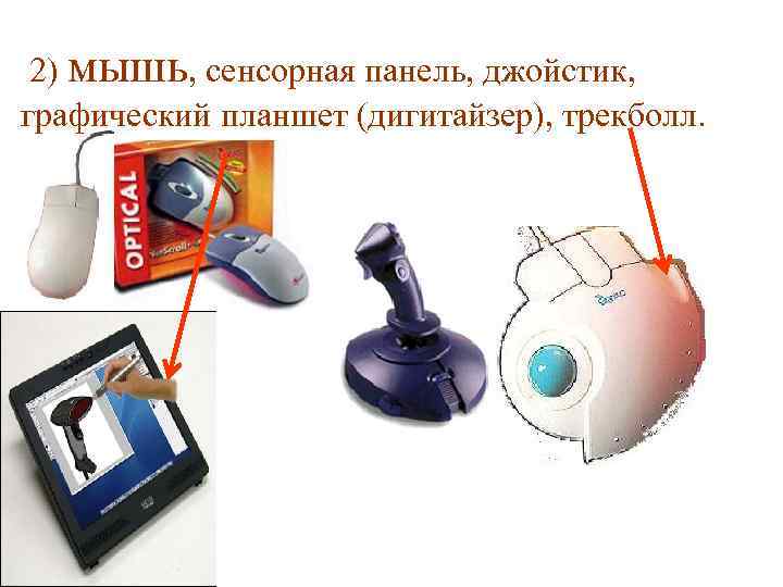  2) мышь, сенсорная панель, джойстик, графический планшет (дигитайзер), трекболл. 