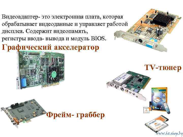 Видеоадаптер- это электронная плата, которая обрабатывает видеоданные и управляет работой дисплея. Содержит видеопамять, регистры