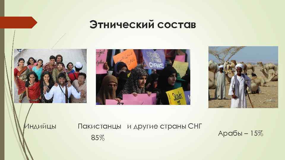 Этнический состав Индийцы Пакистанцы и другие страны СНГ 85% Арабы – 15% 