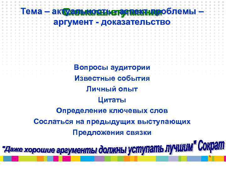 Тема – актуальностьвнимания Схема выступления Сигналы - аспект проблемы – аргумент - доказательство Вопросы
