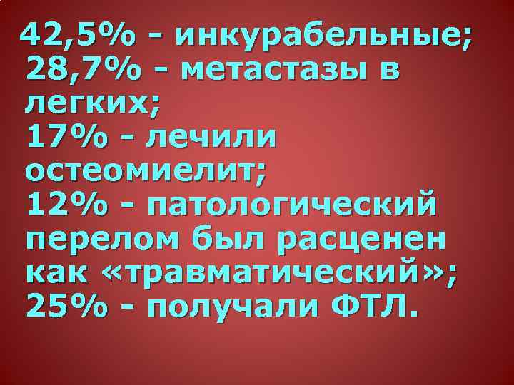 42, 5% - инкурабельные; 28, 7% - метастазы в легких; 17% - лечили остеомиелит;