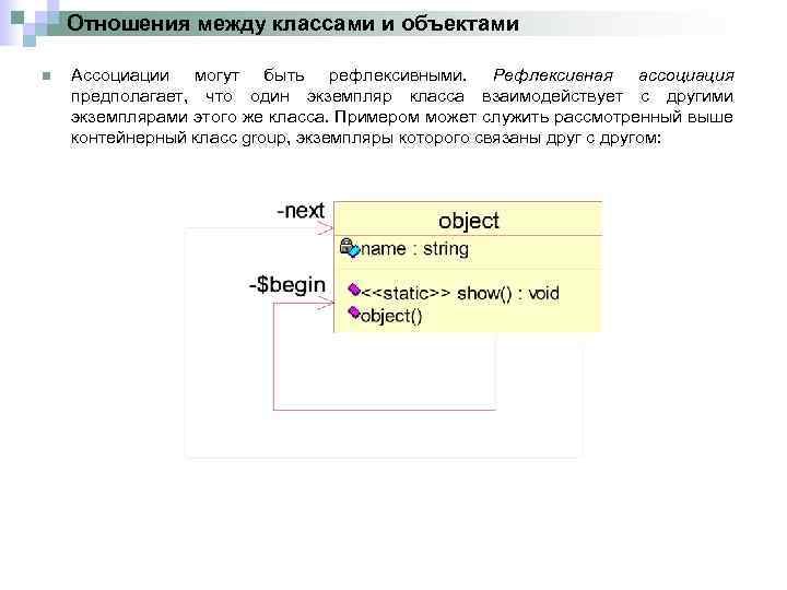 Отношения между классами и объектами n Ассоциации могут быть рефлексивными. Рефлексивная ассоциация предполагает, что
