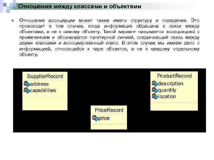 Отношения между классами и объектами n Отношение ассоциации может также иметь структуру и поведение.