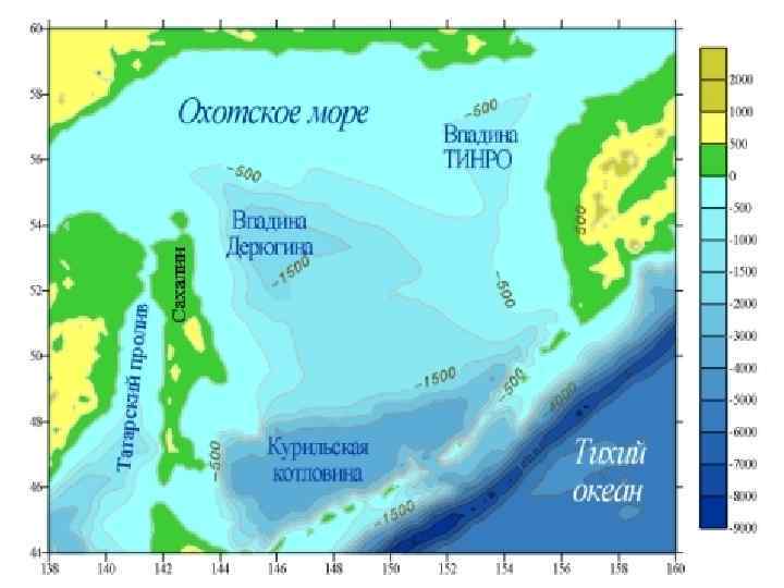 Температура охотского моря. Котловина Охотского моря. Охотское море курильская котловина. Рельеф дна Охотского моря. Карта глубин Охотского моря.